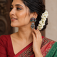 Vintage Oxidized Silver Owl Drop Earrings for Women | Green & Ruby Stone Statement Earrings