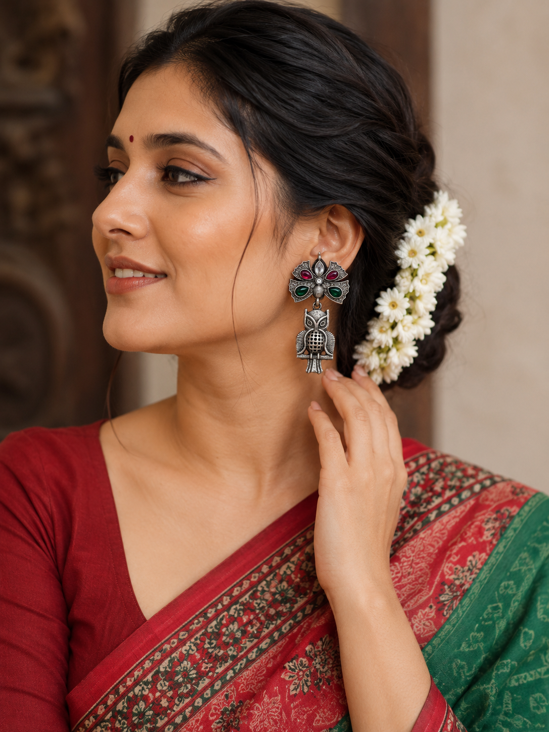 Vintage Oxidized Silver Owl Drop Earrings for Women | Green & Ruby Stone Statement Earrings