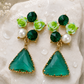 Emerald Green Floral Pearl Triangle Drop Earrings for Women – Gold-Tone Crystal Statement Earrings