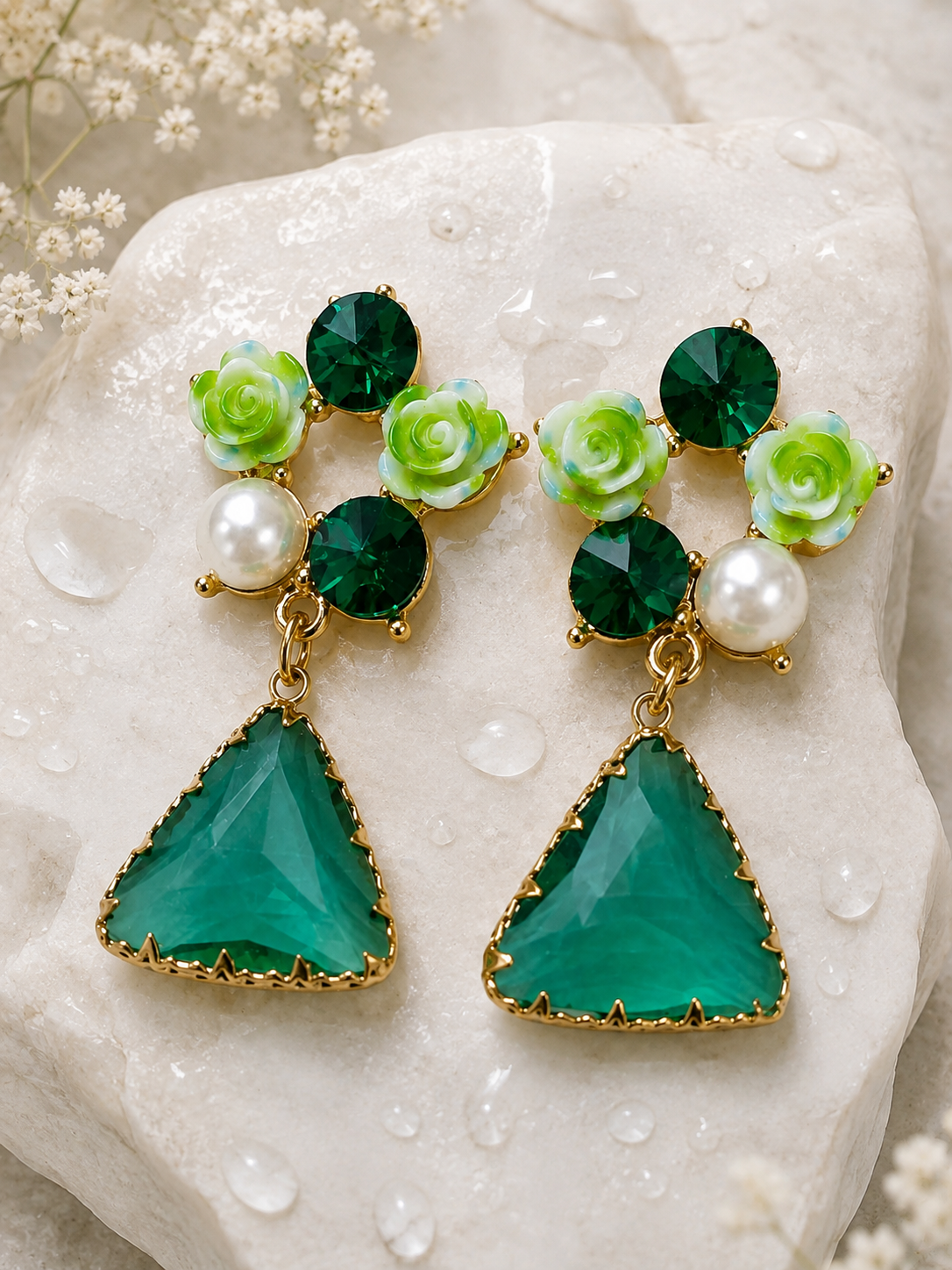 Emerald Green Floral Pearl Triangle Drop Earrings for Women – Gold-Tone Crystal Statement Earrings