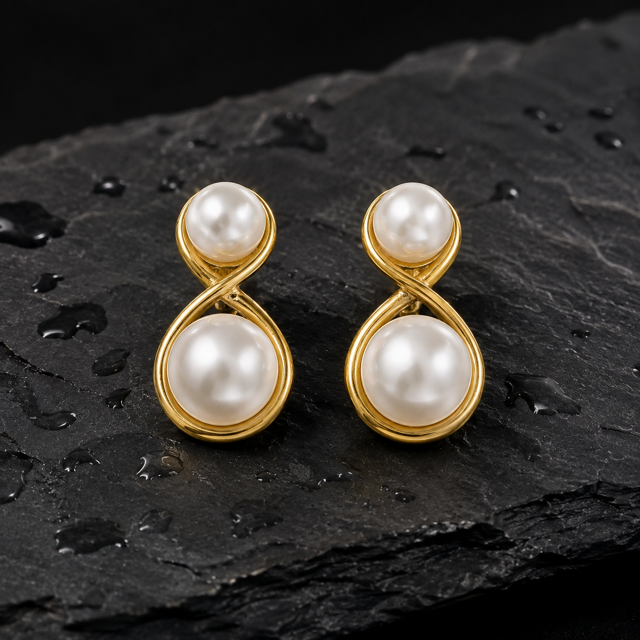 Gold-Tone Infinity Double Pearl Earrings for Women – Elegant Minimal Pearl Stud Earrings