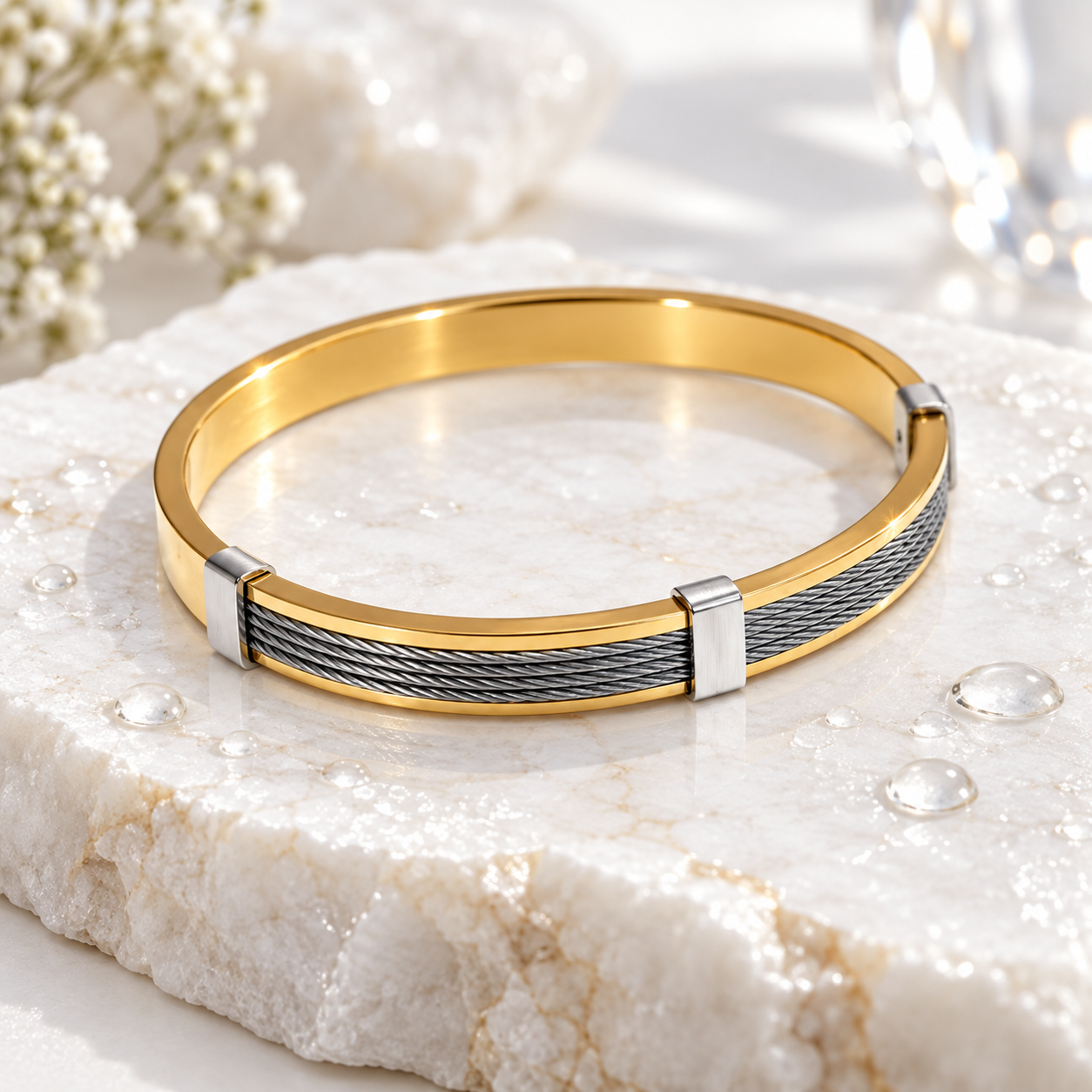 Men’s Dual-Tone Cable Cuff Bracelet – Gold & Silver Minimalist Designer Bangle for Everyday Wear - Soul Jewellery