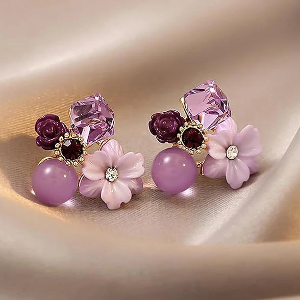 AURÉLIA AMORE LUXE 6™ Purple Floral Crystal Statement Earrings for Women | Pink Gemstone & Flower Drop Studs