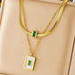 Luxury 18K Gold Plated Anti-Tarnish Layered Necklace with Green Rhinestone & Mother-of-Pearl Charm – Elegant Statement Jewelry ATCP176