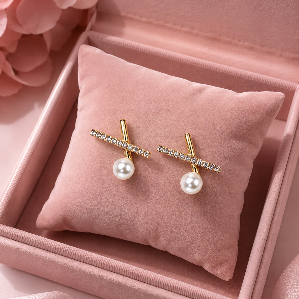 Gold-Tone Pearl & Crystal Bar Stud Earrings for Women – Minimal Geometric Demi Fine Earrings