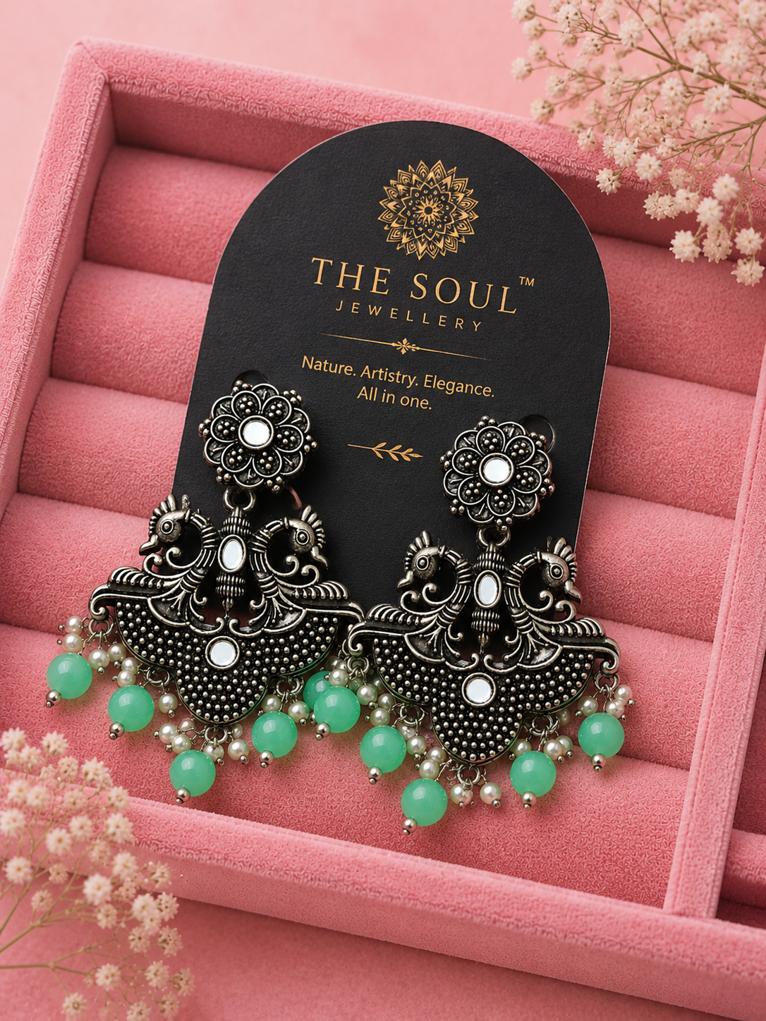 Luxury Oxidised Silver Peacock Chandbali Earrings with Mint Green Beads | Traditional Indian Statement Earrings for Women