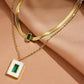 Luxury 18K Gold Plated Anti-Tarnish Layered Necklace with Green Rhinestone & Mother-of-Pearl Charm – Elegant Statement Jewelry ATCP176