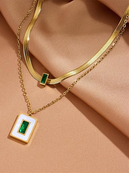 Luxury 18K Gold Plated Anti-Tarnish Layered Necklace with Green Rhinestone & Mother-of-Pearl Charm – Elegant Statement Jewelry ATCP176
