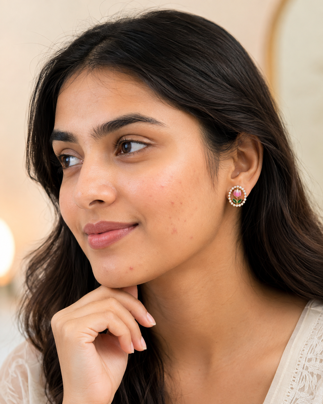 Pink Tulip Pearl Stud Earrings for Women – Gold-Tone Floral Earrings with Green Leaf Detail