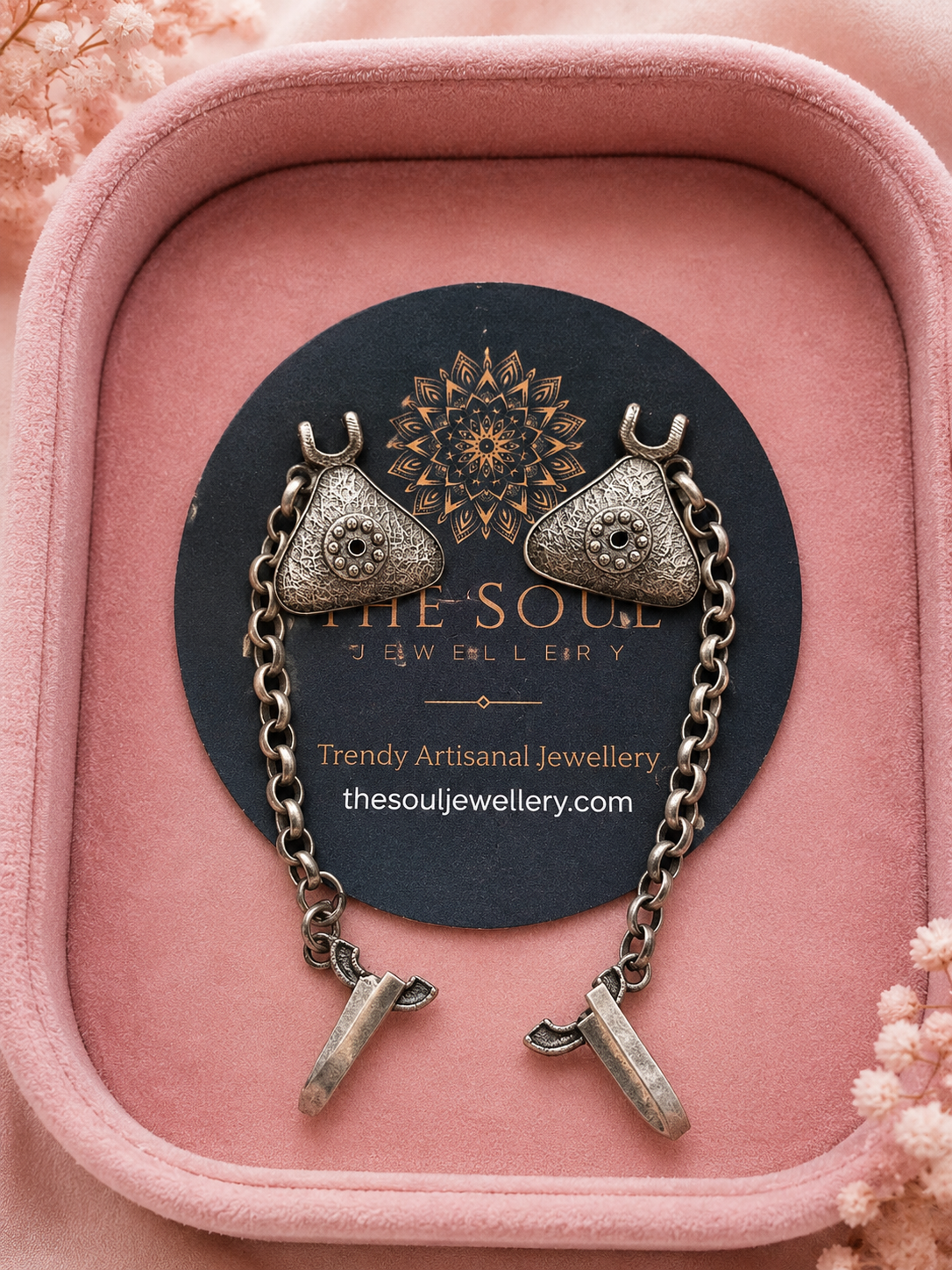 Vintage Oxidized Silver Replica Ear Cuff Chain Earrings for Women | Tribal Boho Statement Earrings - The Soul Jewellery
