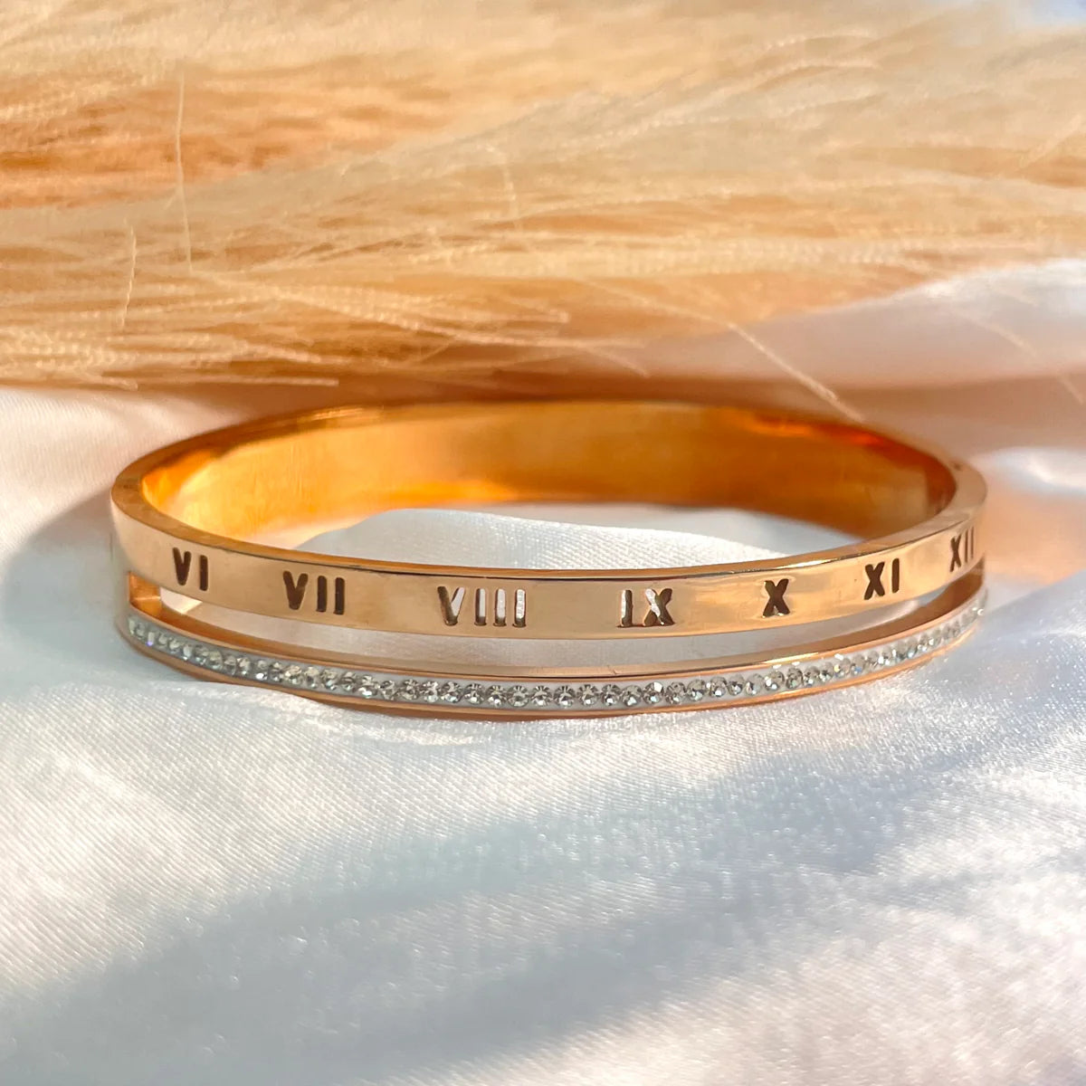 888 Luxury Anti-Tarnish Roman Numeral Bangle with CZ Stones – Timeless Gold-Finish Bracelet for Women 111 Elegant Everyday Jewelry