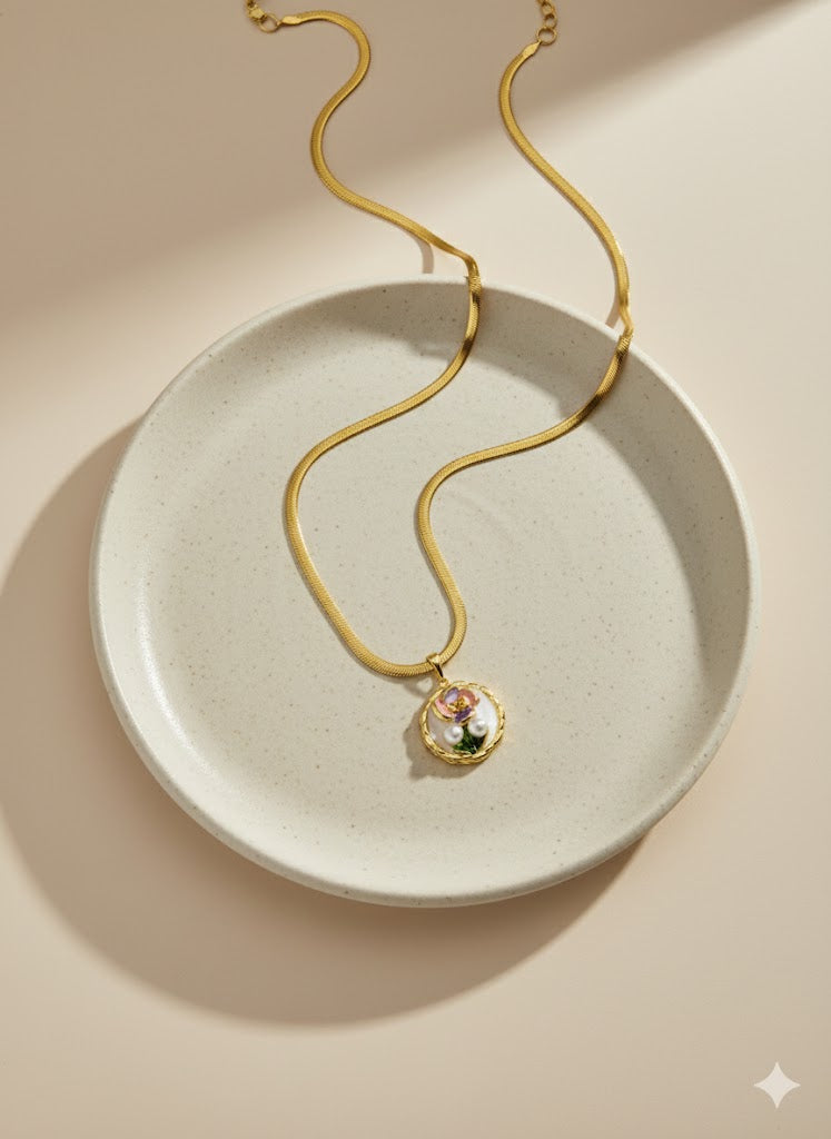 Luxury Anti-Tarnish Pink Floral Pearl Pendant Chain for Women | 18K Gold Plated Daily Wear Necklace | Good Luck Jewellery Gift – Series 777