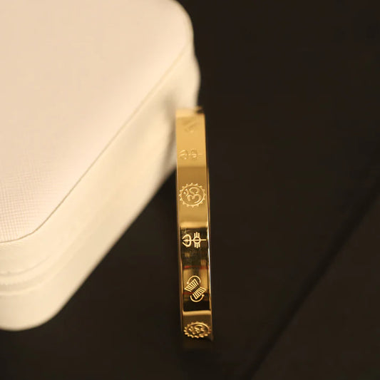 8K Gold Plated Anti-Tarnish Bracelet with Sacred Om Engraving | Unisex Spiritual Energy Bangle | Stainless Steel | Lucky for Wealth & Protection