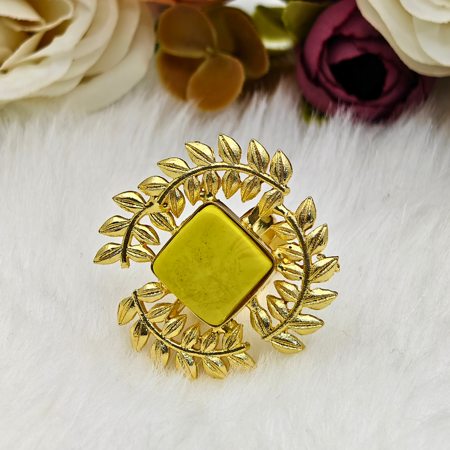 Premium Gold-Plated Brass Ring with Yellow Natural Stone – Leaf Crown Design Adjustable Statement Ring for Women