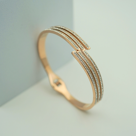 Luxury 18K Rose Gold-Plated Anti-Tarnish Bangle with Triple Crystal Bands RGB356