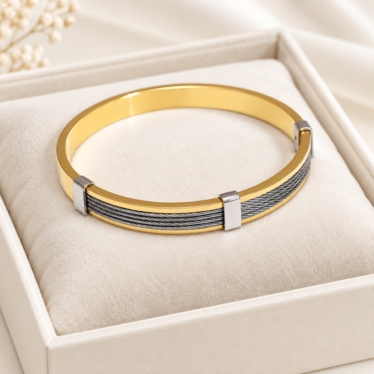 Men’s Dual-Tone Cable Cuff Bracelet – Gold & Silver Minimalist Designer Bangle for Everyday Wear - Soul Jewellery