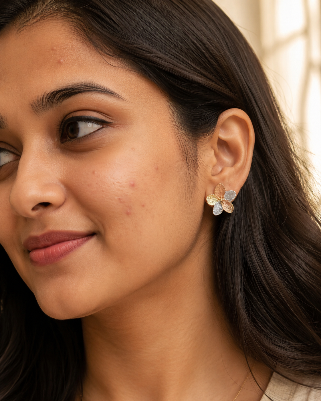 Tri-Tone Floral Stud Earrings for Women – Gold, Rose Gold & Silver-Tone Textured Flower Earrings