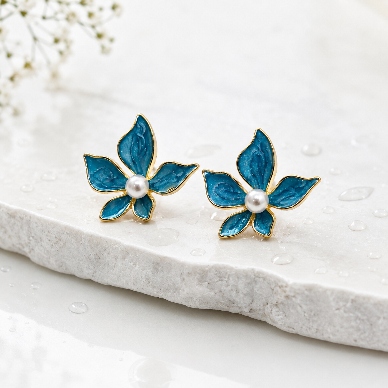 Blue Enamel Floral Pearl Stud Earrings for Women | Gold-Tone Flower Demifine Earrings