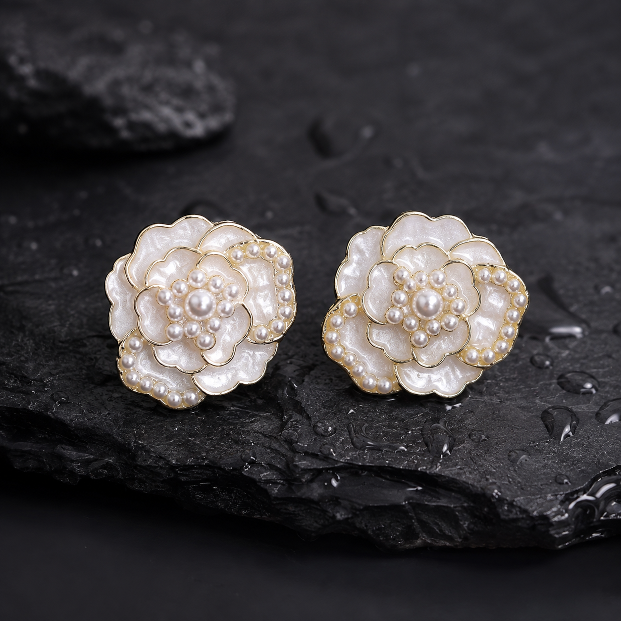 White Floral Pearl Stud Earrings for Women – Gold-Tone Layered Flower Demi Fine Earrings