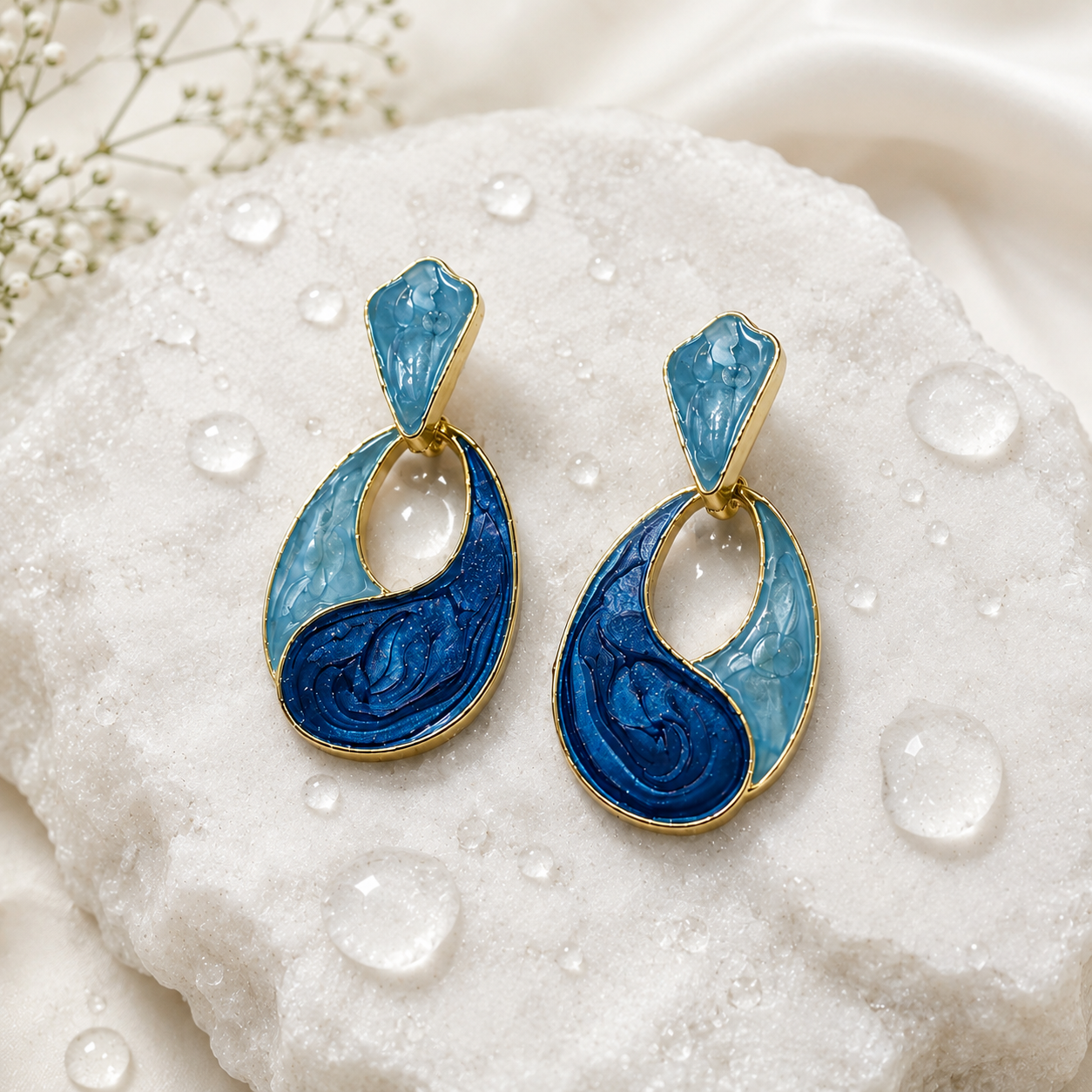 Ocean Blue Swirl Drop Earrings for Women – Gold-Tone Abstract Teardrop Statement Earrings