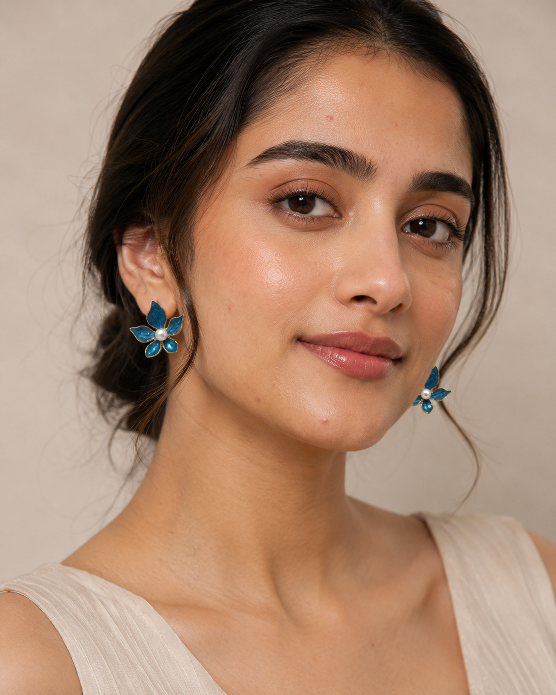 Blue Enamel Floral Pearl Stud Earrings for Women | Gold-Tone Flower Demifine Earrings