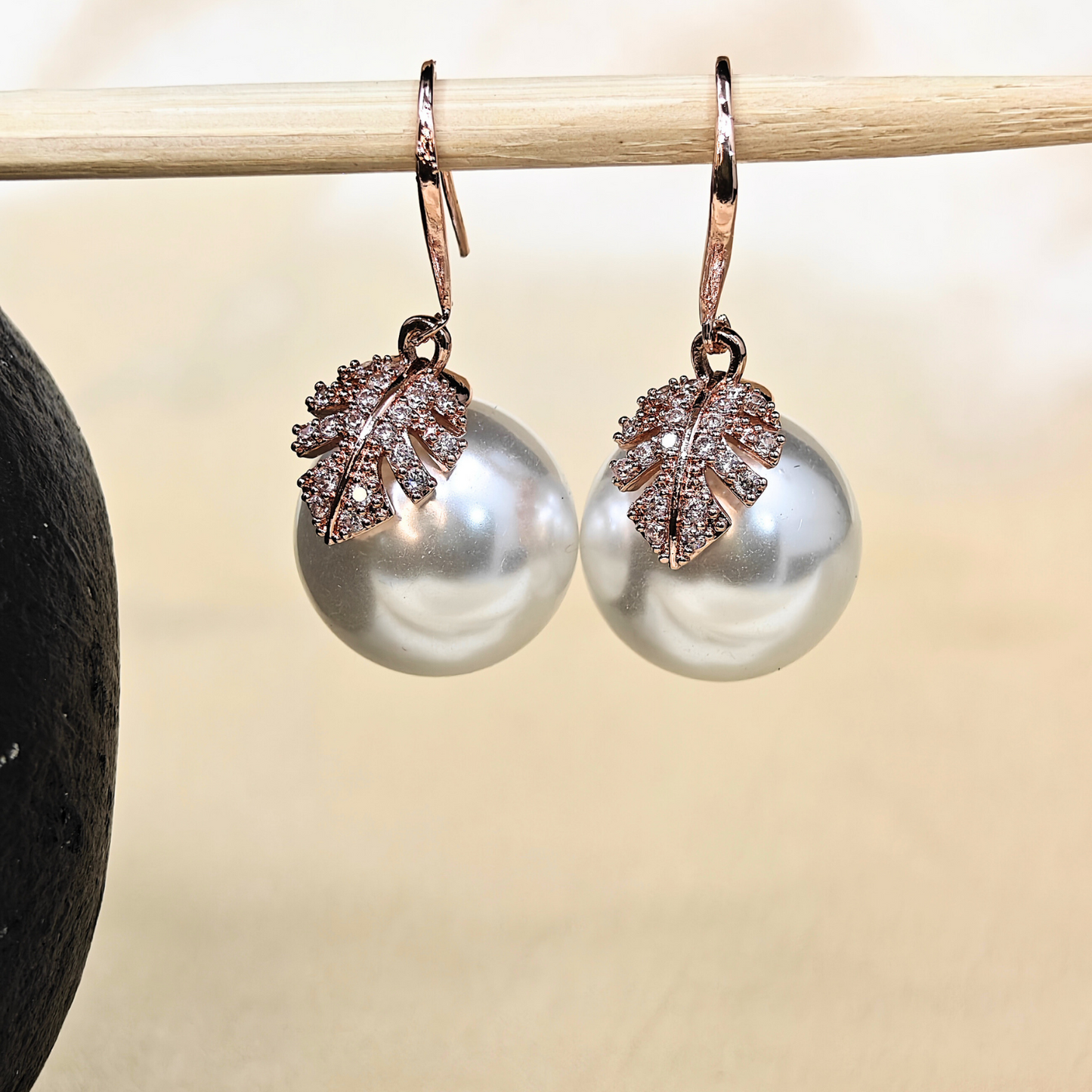 18 K Rose Gold Plated Anti Tarnish CZ Studded Pearl Drop Dangle Earring ATER105