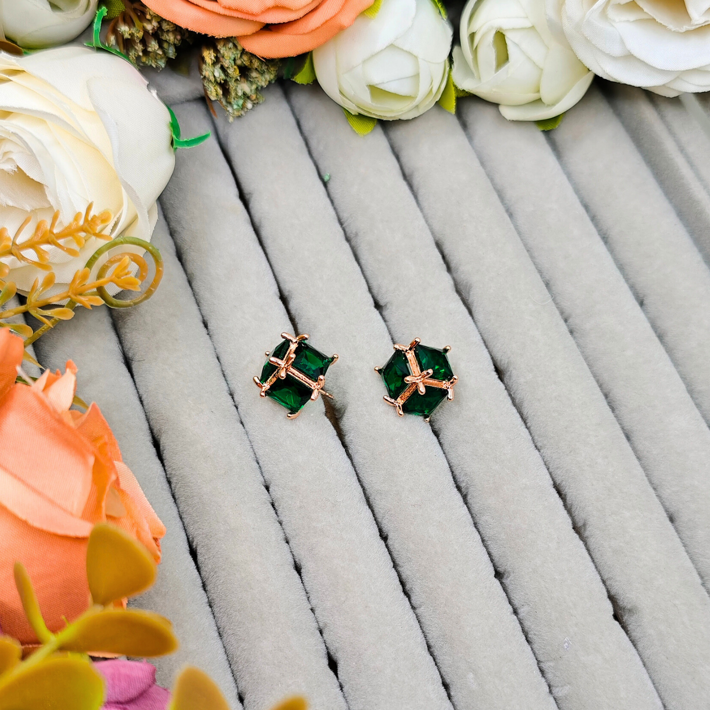 18 K Gold Plated Premium Anti Tarnish Green Stone Stud Earring ATER125