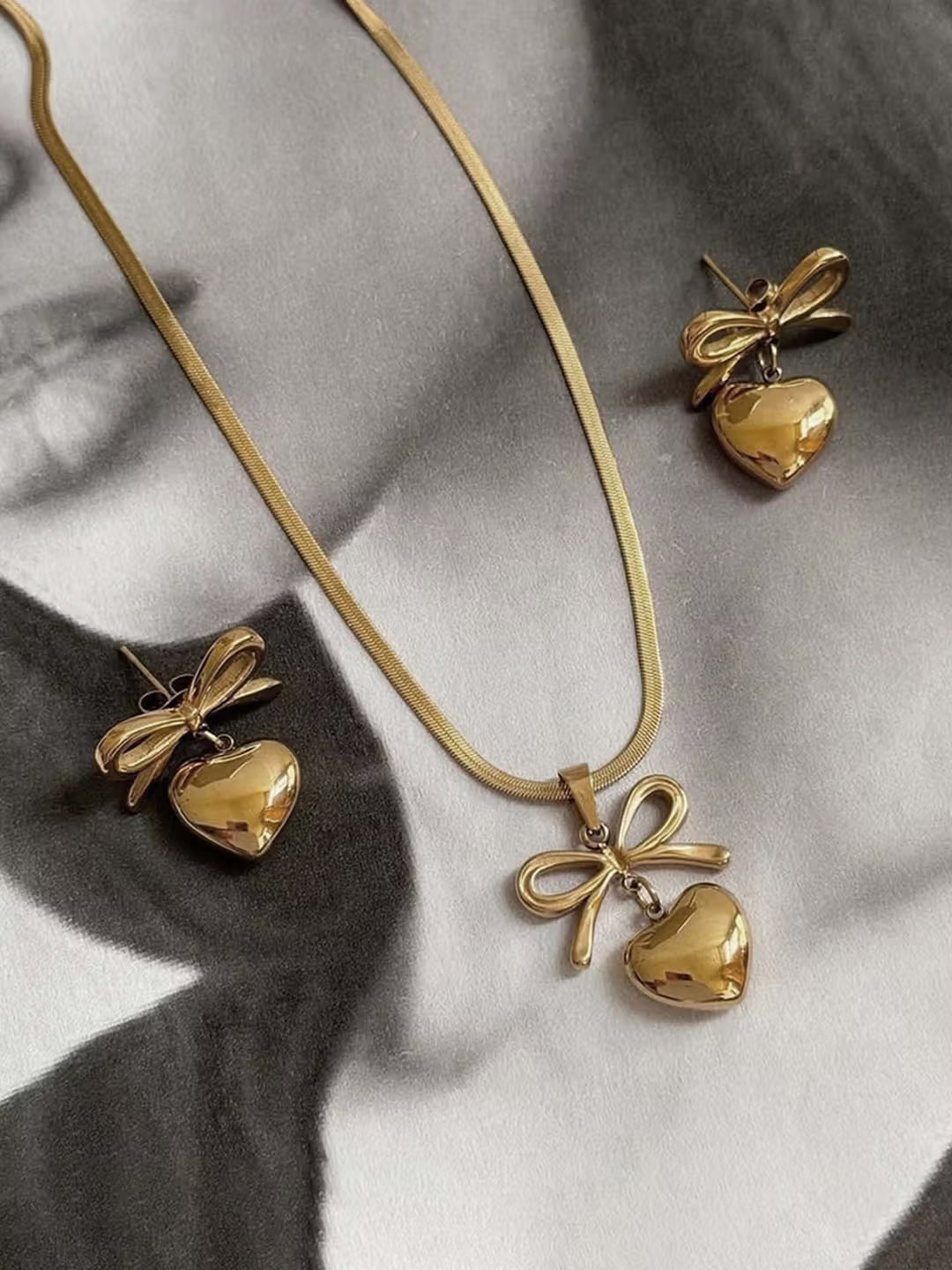 18K Gold Plated Bow-Heart Necklace & Earring Set for Women – Anti-Tarnish Romantic Jewelry Gift Set ATCP179
