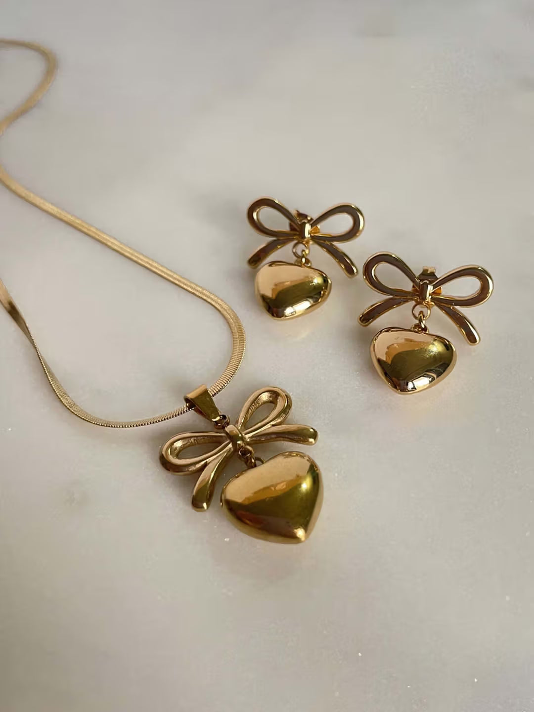 18K Gold Plated Bow-Heart Necklace & Earring Set for Women – Anti-Tarnish Romantic Jewelry Gift Set ATCP179