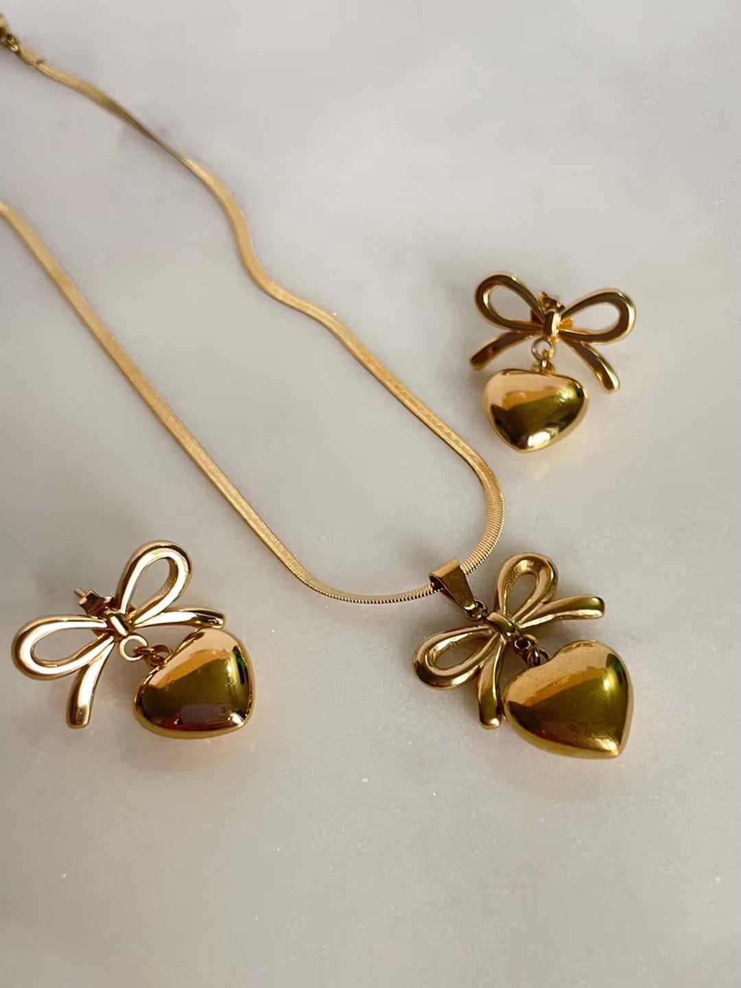 18K Gold Plated Bow-Heart Necklace & Earring Set for Women – Anti-Tarnish Romantic Jewelry Gift Set ATCP179