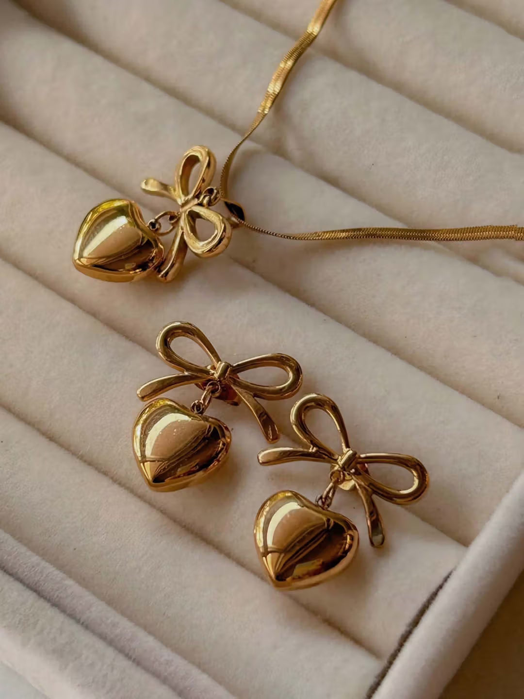 18K Gold Plated Bow-Heart Necklace & Earring Set for Women – Anti-Tarnish Romantic Jewelry Gift Set ATCP179