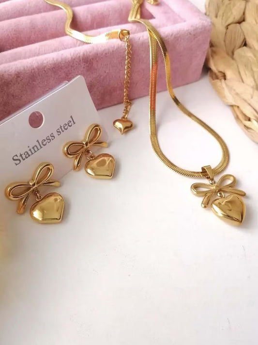 18K Gold Plated Bow-Heart Necklace & Earring Set for Women – Anti-Tarnish Romantic Jewelry Gift Set ATCP179