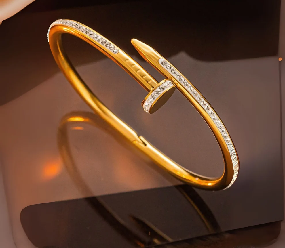 18K Gold Plated Anti-Tarnish Nail Bracelet | Stainless Steel | Diamond-Studded Elegance | Lucky Code 888 for Wealth & Style | Limited Edition Bestseller