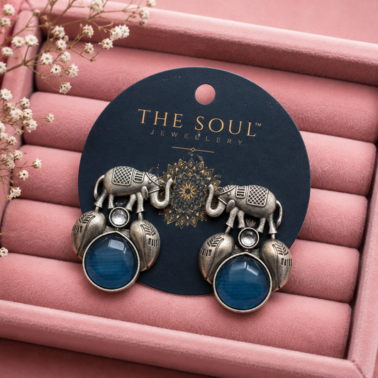 Blue Stone Elephant Oxidised Earrings for Women – Tribal Boho Statement Earrings | Antique Silver Ethnic Jewellery