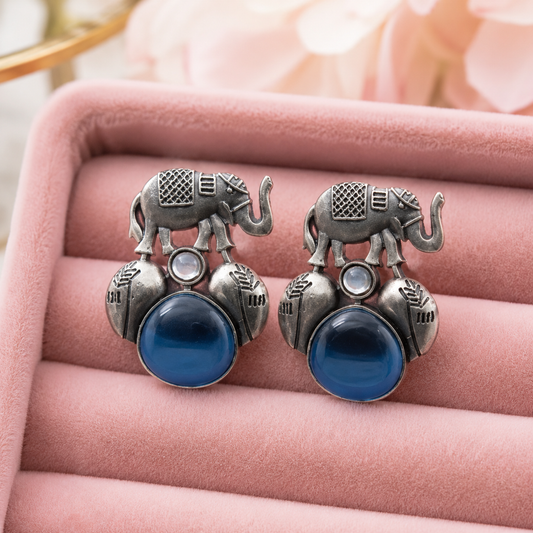 Blue Stone Elephant Oxidised Earrings for Women – Tribal Boho Statement Earrings | Antique Silver Ethnic Jewellery