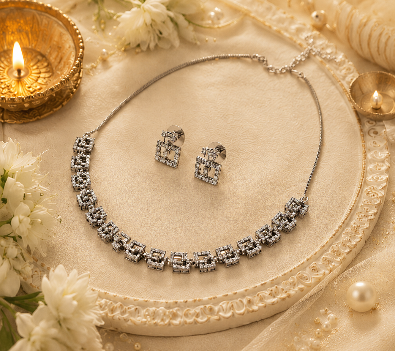 Celestia Silver Replica Choker Necklace Set with Earrings