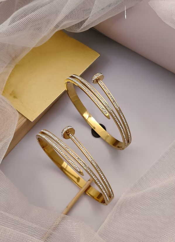 Demi-Fine CZ Studded Triple-Line Nail Bracelet | Gold-Plated Stainless-Steel Bangle for Women