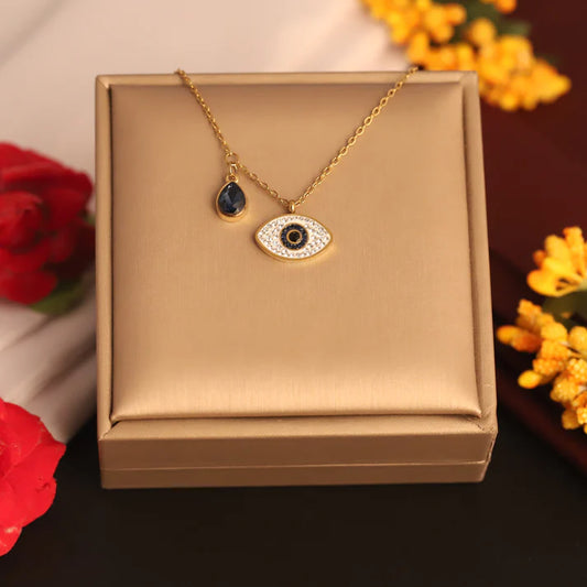 Durable 22K Gold Plated Evil Eye Pendant Necklace for Women – Anti-Tarnish Stainless Steel Chain with Blue Charm ATCP181
