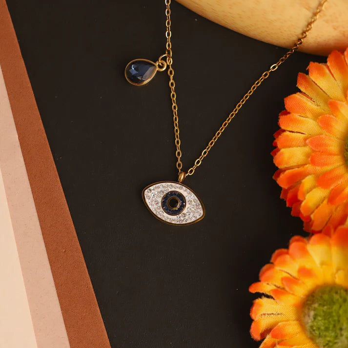 Durable 22K Gold Plated Evil Eye Pendant Necklace for Women – Anti-Tarnish Stainless Steel Chain with Blue Charm ATCP181