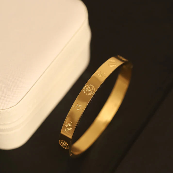 8K Gold Plated Anti-Tarnish Bracelet with Sacred Om Engraving | Unisex Spiritual Energy Bangle | Stainless Steel | Lucky for Wealth & Protection