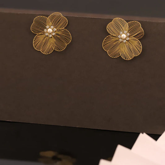 Luxury Filigree Gold Flower Stud Earrings with Pearl & Crystal Center – Elegant Anti-Tarnish Floral Jewelry ATER220