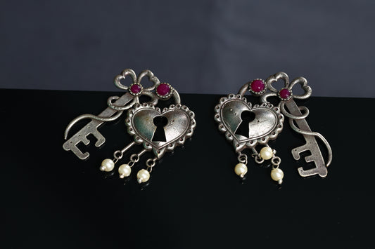 Exquisite German Silver Lock and Key Earrings with Red Stones