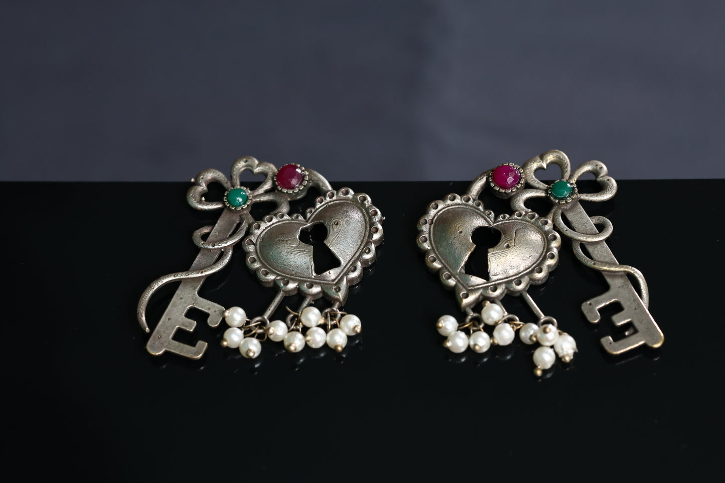 Exquisite German Silver Lock and Key Earrings with Red and Green Stones