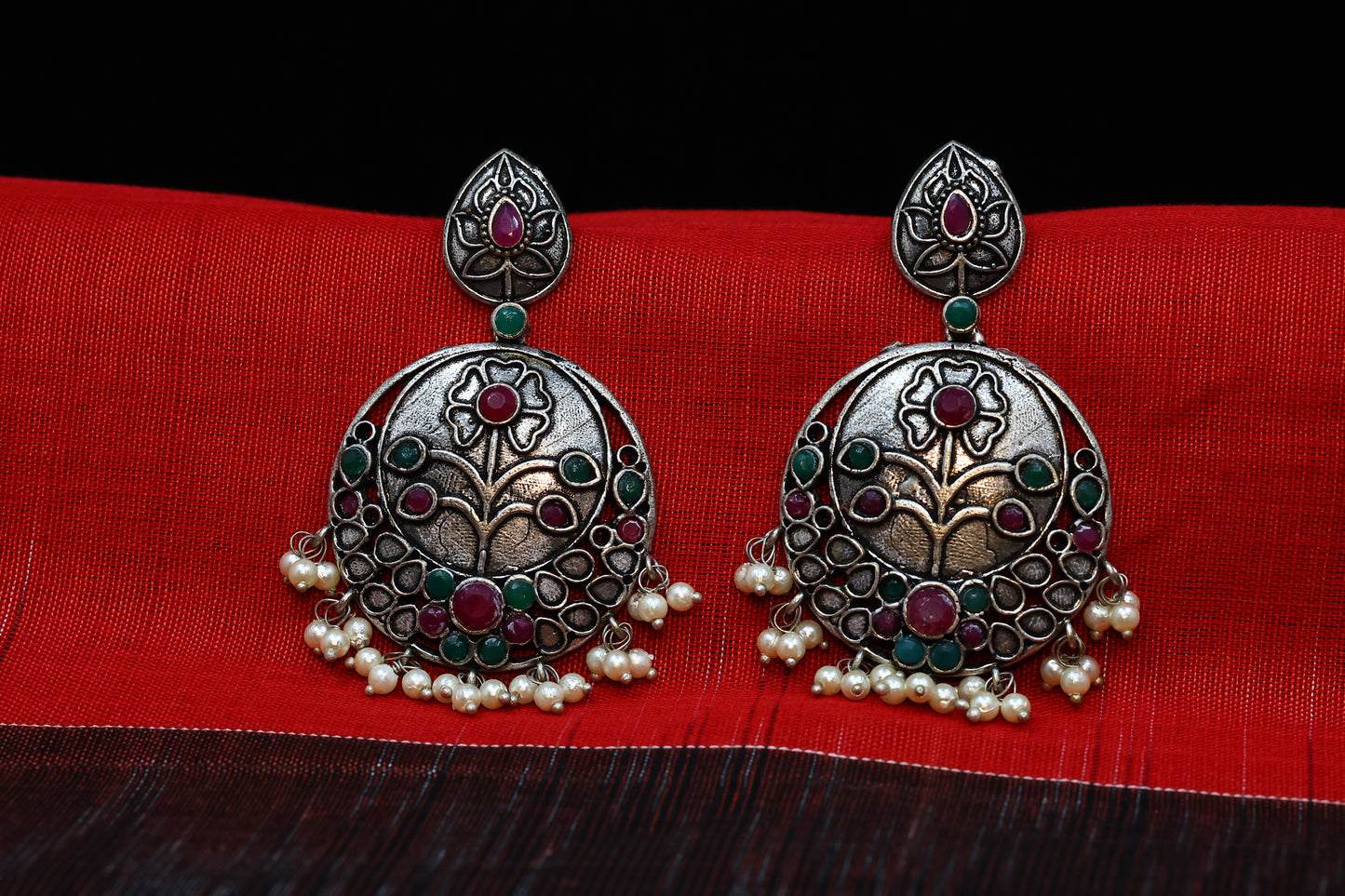 Timeless Elegant German Silver Earrings with Red and Green Stones