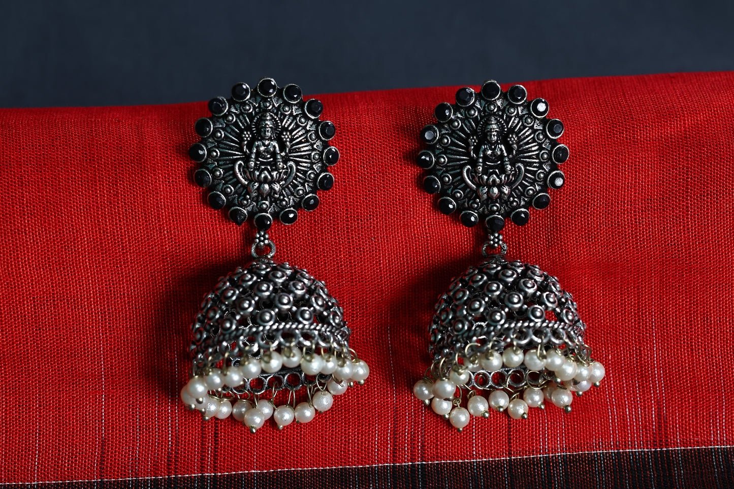 German Silver Lakshmi Jhumka Earring with Black Stones and Pearls