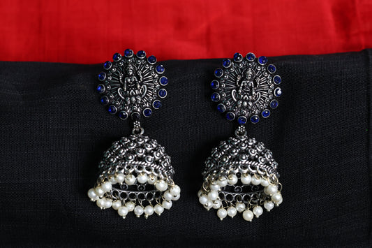 German Silver Lakshmi Jhumka Earring with Blue Stones and Pearls