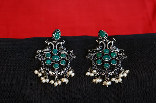 Premium German Silver Peacock Earring with Green Stones and Elegant Pearls