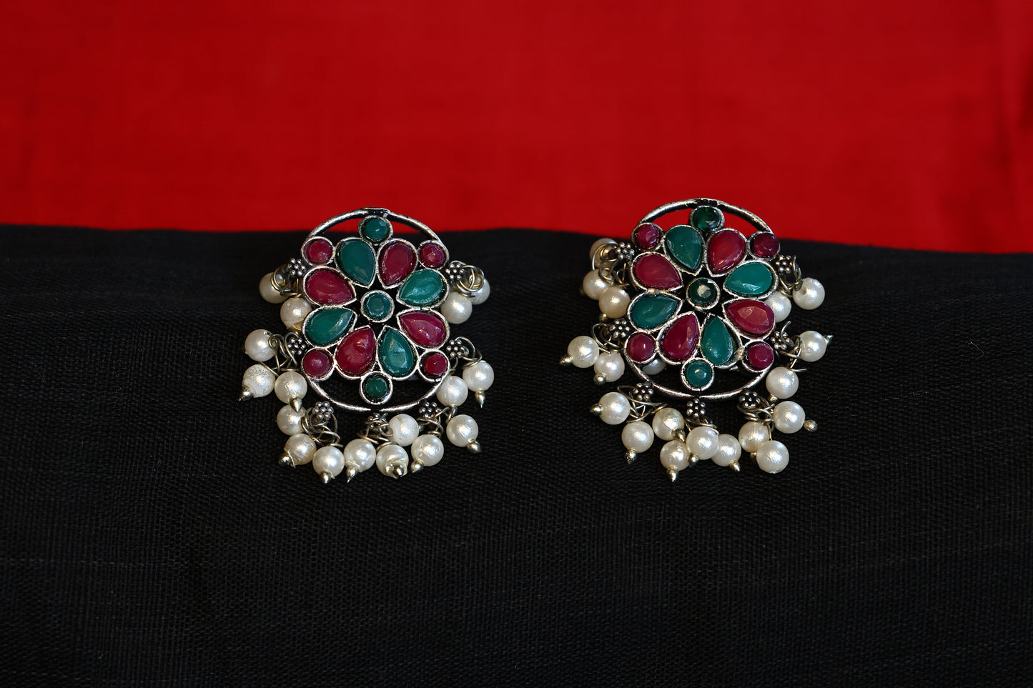 Premium German Silver Floral Earring with Red and Green Stones