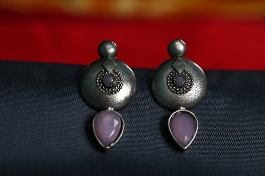 Everyday Wear Antique German Silver Earring with Pink Stone