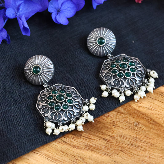 Floral Design Green Stones German Silver Oxidized Earrings with Pearl Drops